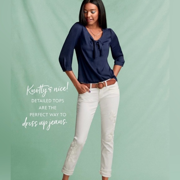 CABI #5525 Knot Blouse Women’s Medium Bow Top Navy Blue Polka Dot Blouse - Picture 8 of 8